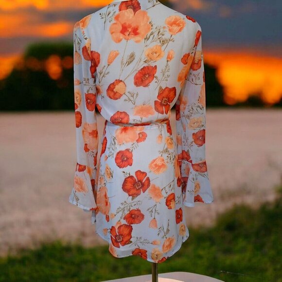 Lulus ✦ Petals of Honor Wrap Dress ✦ Light Blue Floral Chiffon Bell Sleeves S - Picture 5 of 14